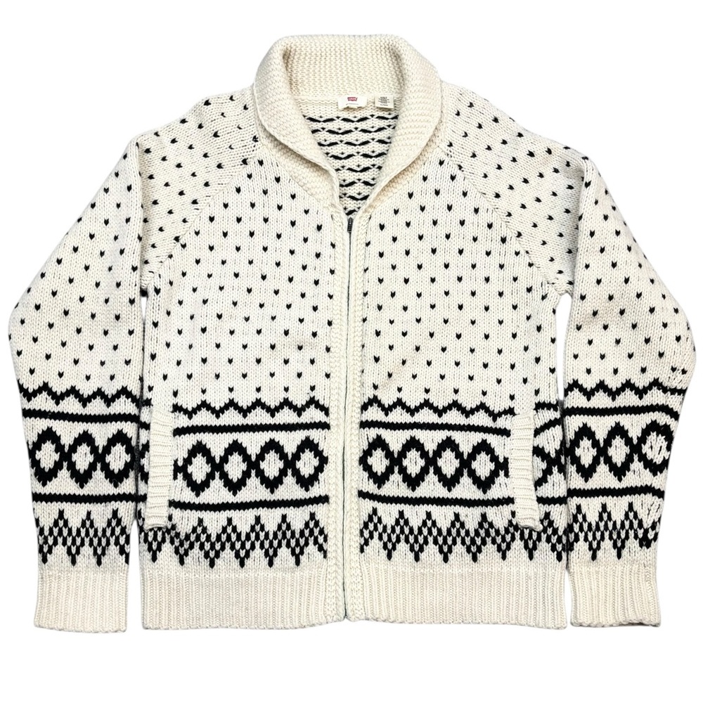 Levi’s Cream & Black Waffle Knit Retro 80% Wool Nordic Print Full Zip Sweater XL